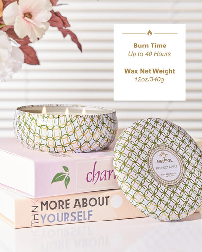 M&SENSE Apple Scented Candle – Large 3-Wick Soy Tin, 40+ Hr Burn, 100% Natural Vegan Wax | Gift for Women & Men