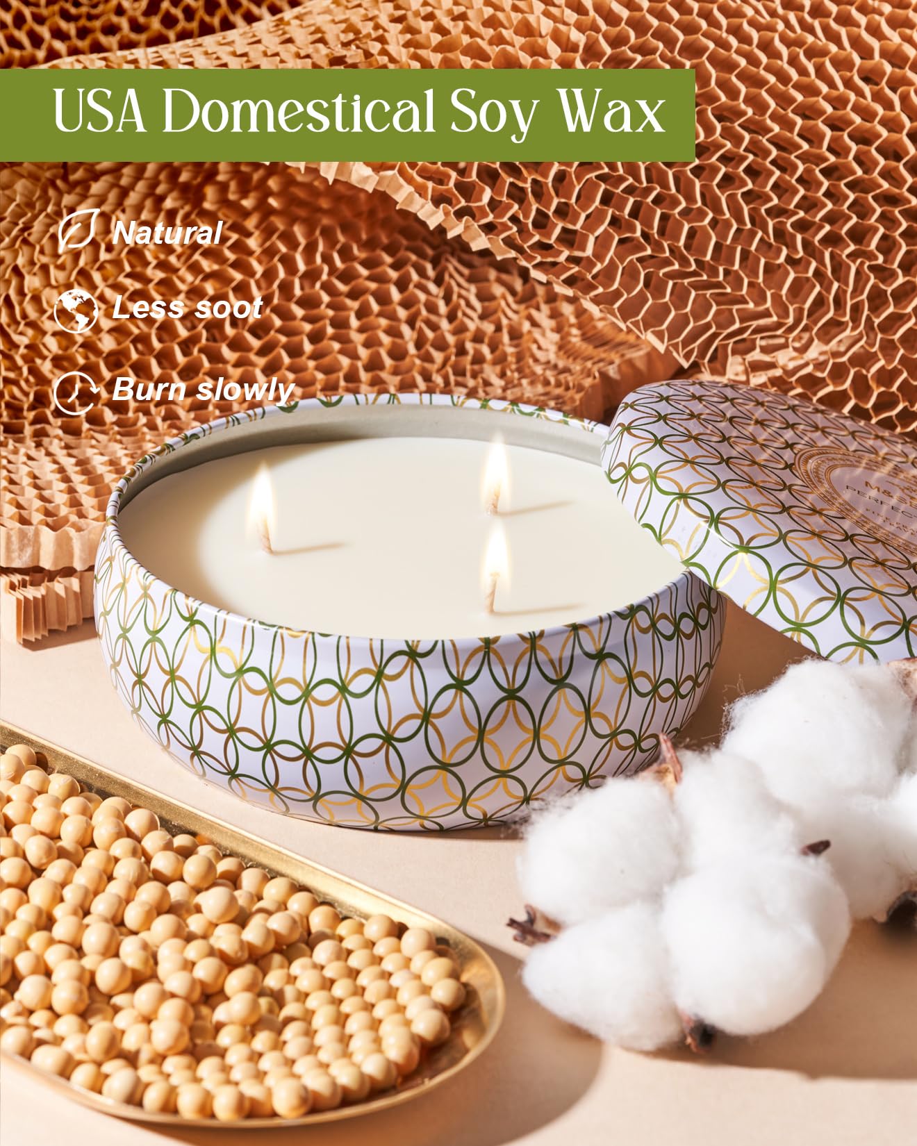 M&SENSE Apple Scented Candle – Large 3-Wick Soy Tin, 40+ Hr Burn, 100% Natural Vegan Wax | Gift for Women & Men