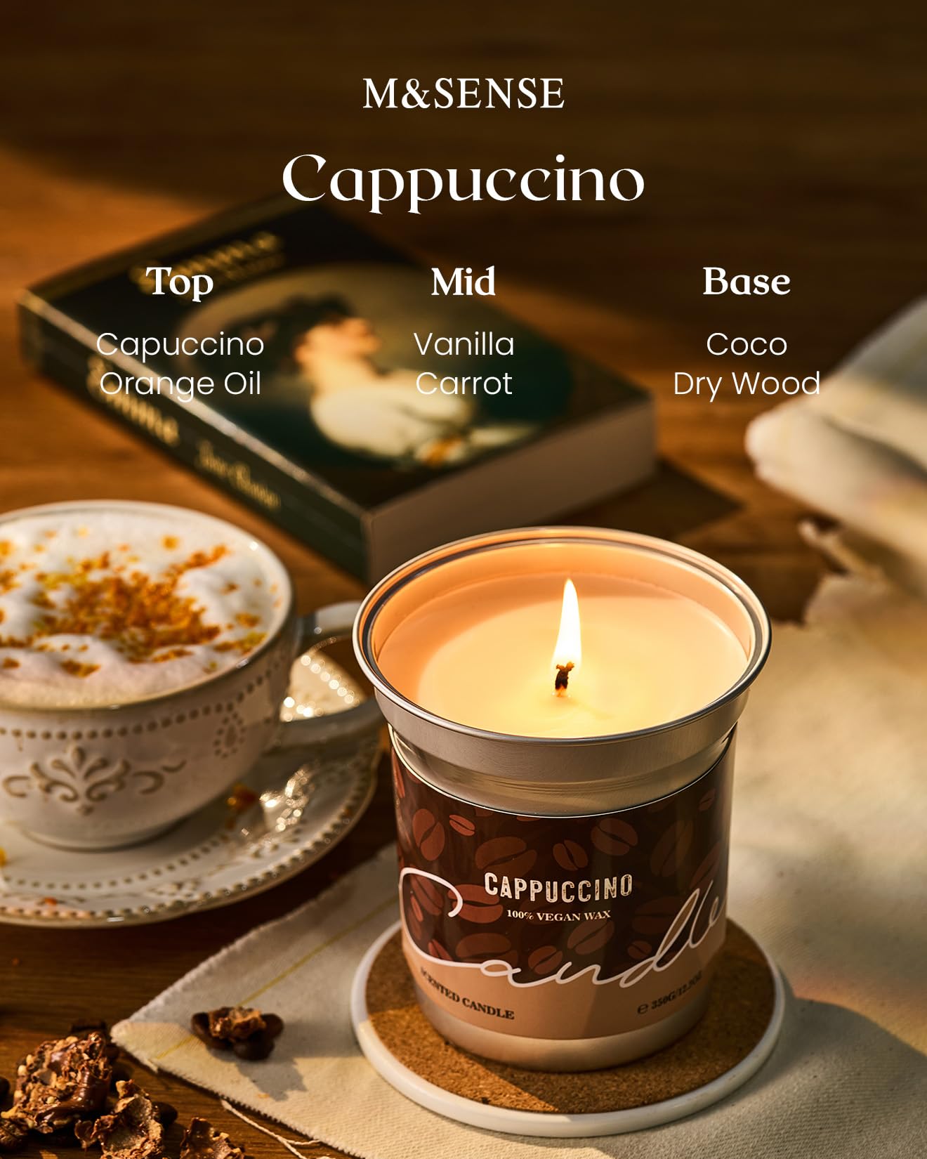 M&SENSE Cappuccino Coffee Scented Candle – 16.2oz Soy Wax, 100-Hour Burn