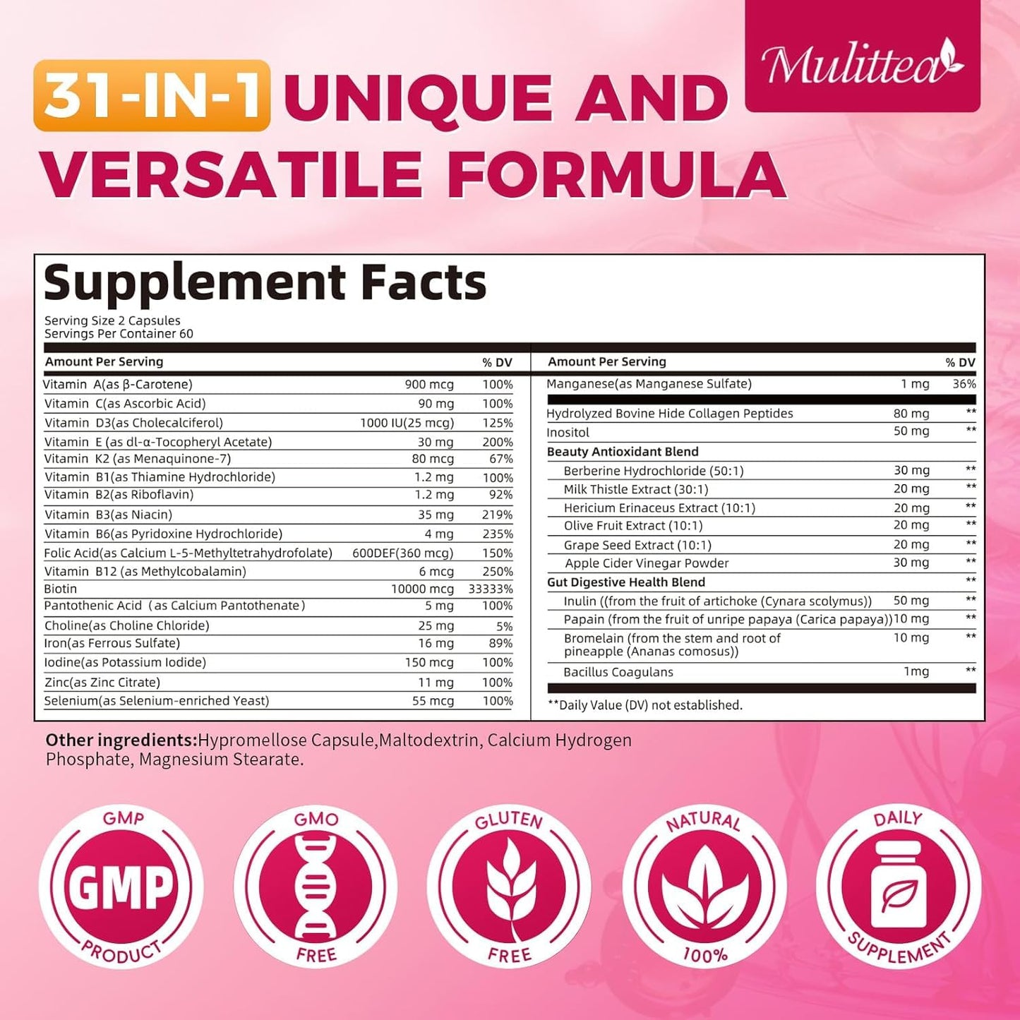 Mulittea Women's Multivitamin 120 CT (2 Pack) - Biotin 10000mcg, Methylated B9/B12