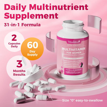 Mulittea Women's Multivitamin 120 CT (2 Pack) - Biotin 10000mcg, Methylated B9/B12