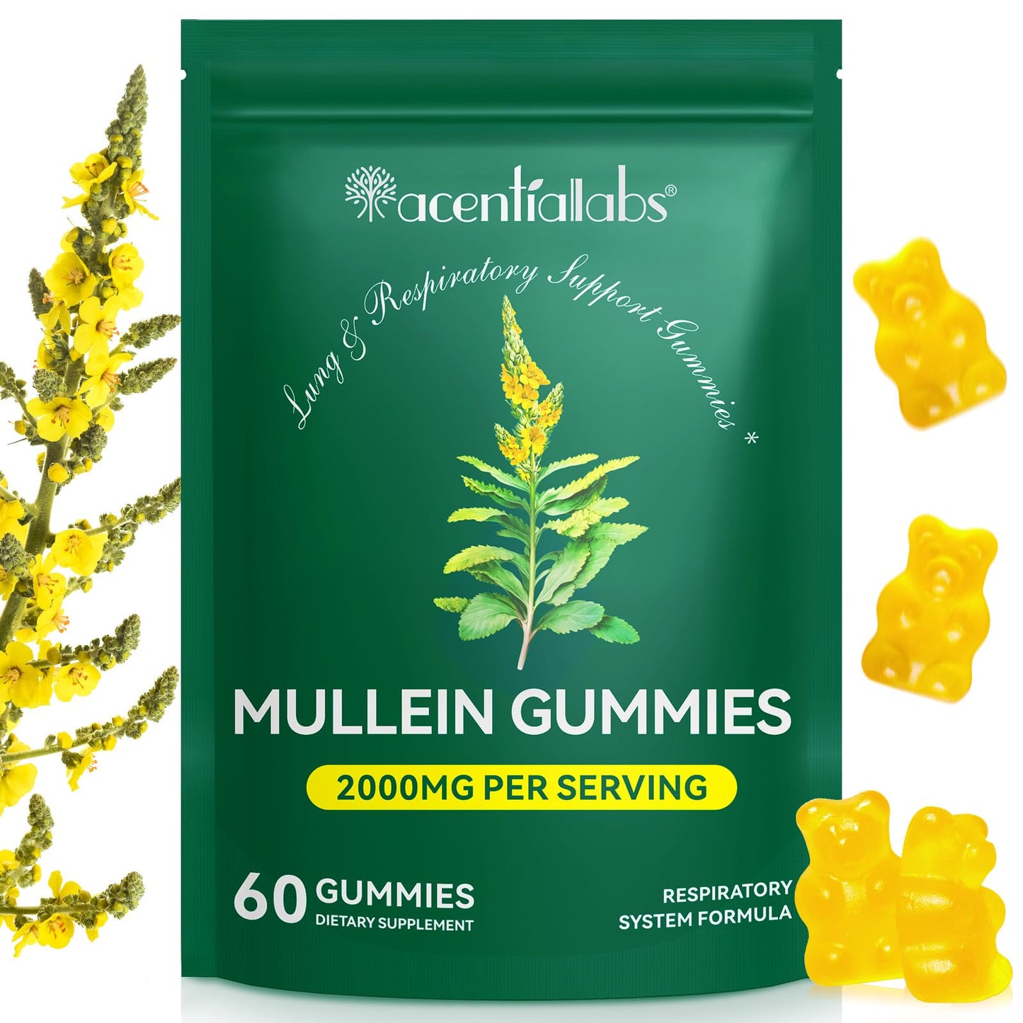 Mullein Gummies - Mullein Leaf Extract for Lungs, 2000mg Mullein Gummies for Lungs Detox, Respiratory Digestive Immune Support, 60 Count