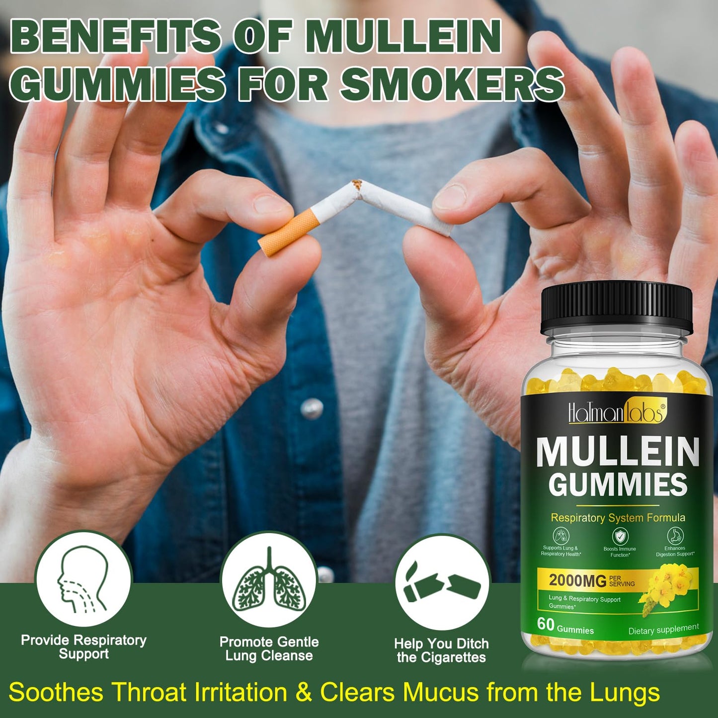 Mullein Gummies for Lungs – 2000 MG 50:1 Extract, Pear Flavor, 60 Count | Respiratory Support