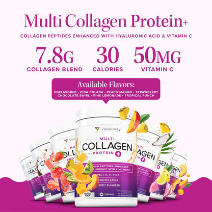 Multi Collagen Peptides Powder for Women – Hydrolyzed Collagen with Vitamin C & Hyaluronic Acid (Tropical Punch, 30 Servings)