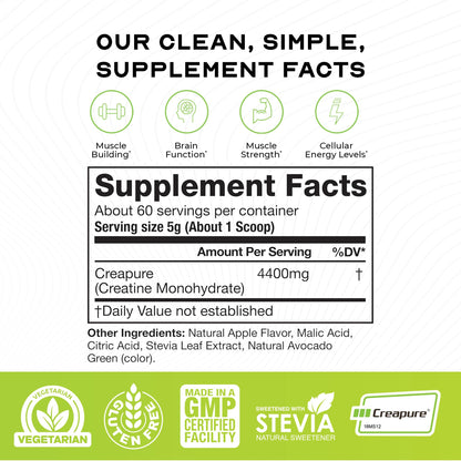 Muscle Feast Creapure Creatine Monohydrate Powder – Vegan, Gluten-Free, Easy to Mix, Green Apple 300g