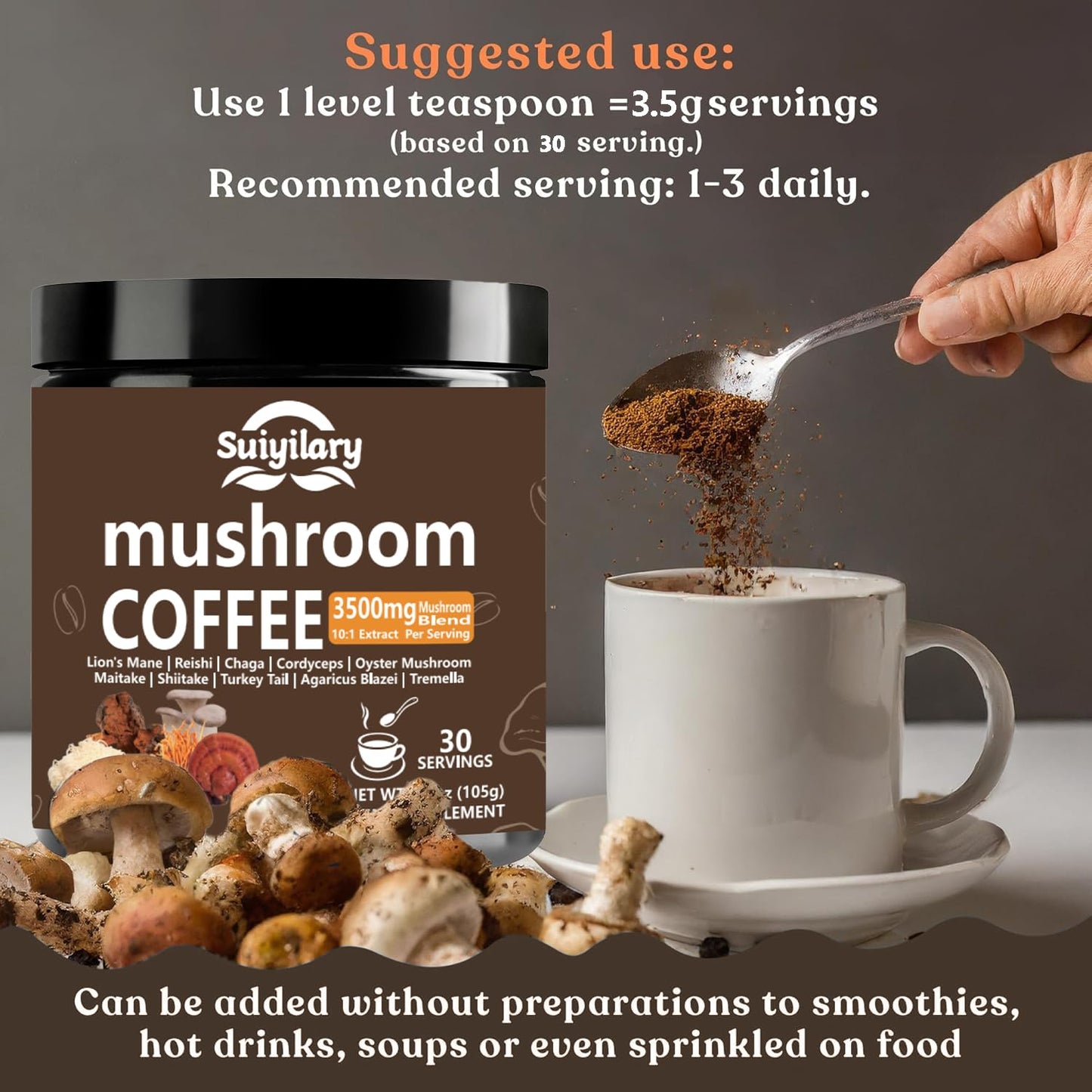 10 Mushroom Coffee with Arabica w, Lion's Mane, Reishi, Mushroom Polysaccharides & More, 3500mg(10:1) Extract Instant Mushrooms Powder for Focus, Immunity Boost, Memory & Clarity - 30 Servings