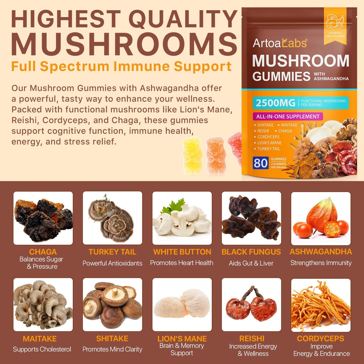 Mushroom Gummies 2500mg - Reishi, Cordyceps & Lions Mane, Immune Support