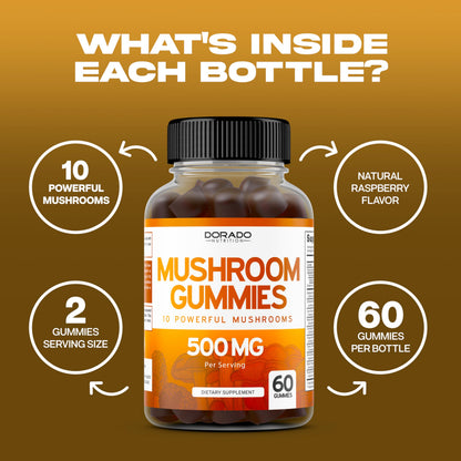 Mushroom Gummies 10-in-1 Blend – 60 Gummies for Focus & Brain | Vegan, USA Made