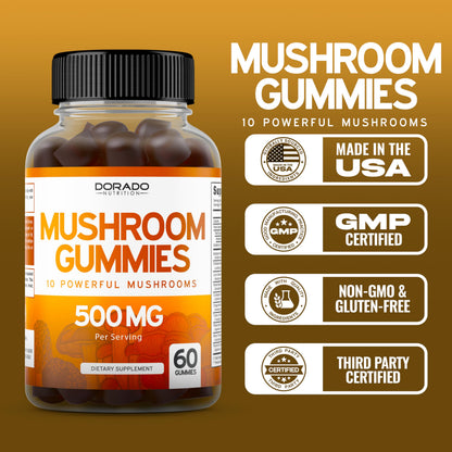 Mushroom Gummies 10-in-1 Blend – 60 Gummies for Focus & Brain | Vegan, USA Made