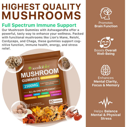 Mushroom Gummies for Adults — 10x Mushroom Supplement for Energy, Focus, Mood, Immune & Cognitive Support | Vegan, 80 Gummies