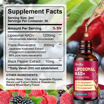 Liposomal NAD Supplement - 1200mg NAD+ Liquid Drops for Women & Men with Resveratrol, Black Pepper Extract - Support Anti-Aging, Brain & Cellular Mitochondrial Health - 2 Fl Oz Mixed Berry Flavor