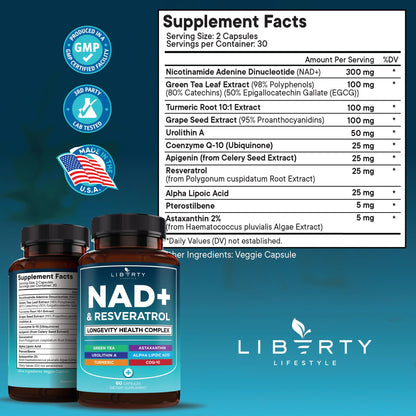 NAD+ 300 mg Complex with Astaxanthin, Urolithin A, Resveratrol & CoQ10 – 120 Vegan Capsules
