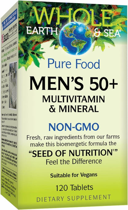 Natural Factors Whole Earth & Sea Men's 50+ Multivitamin & Mineral – Brain Health & Immune Support, Vegan, 120 Tablets
