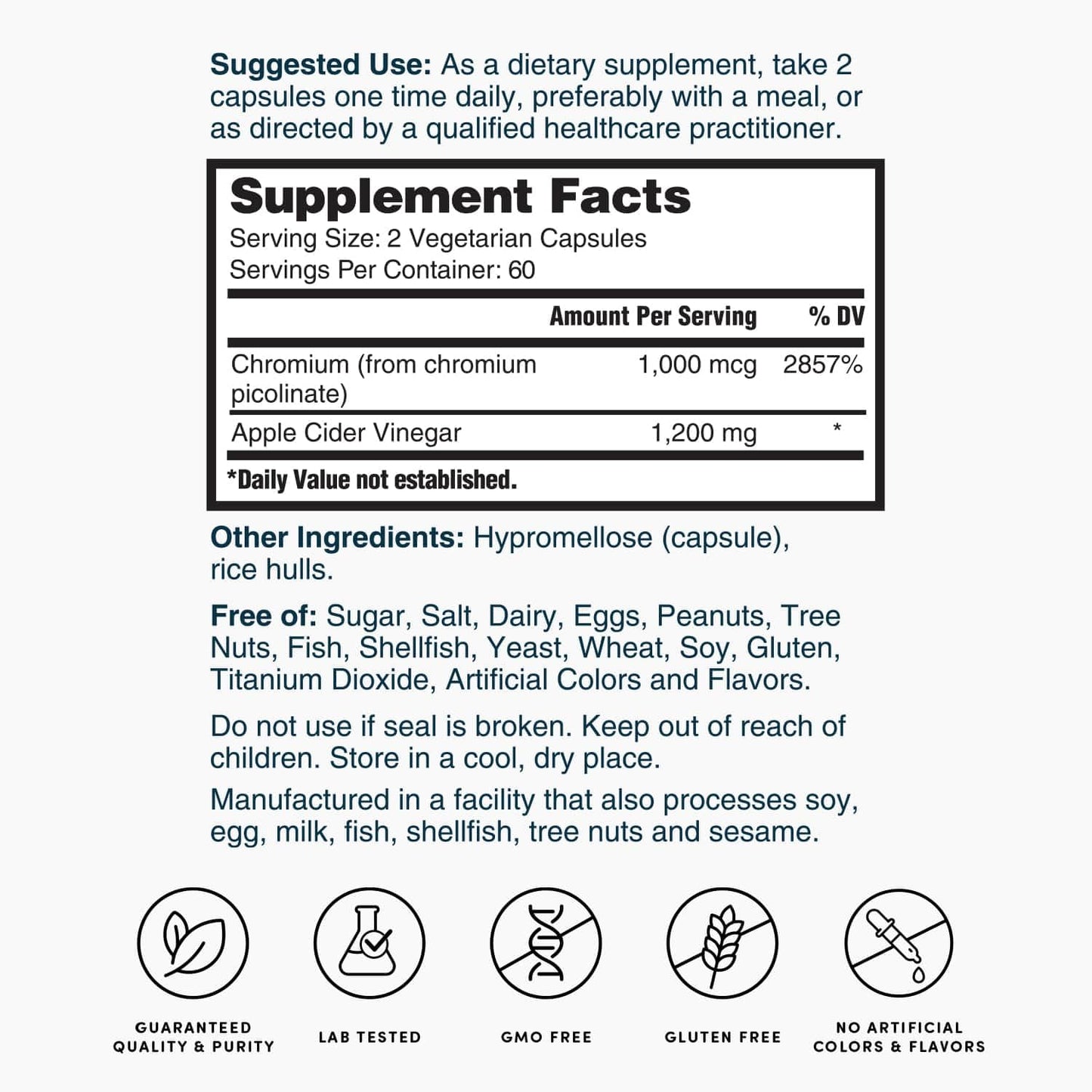Nature's Lab Apple Cider Vinegar 1200mg with Chromium – 120 Capsules (60 Day Supply)