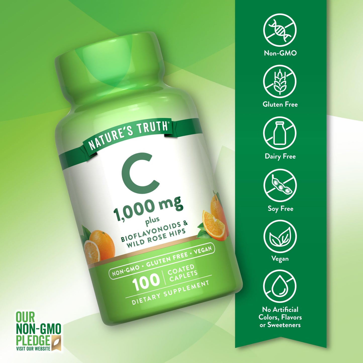 Nature's Truth Vitamin C 1000mg with Bioflavonoids & Rose Hips – 100 Caplets, Vegan, Non-GMO, Gluten Free