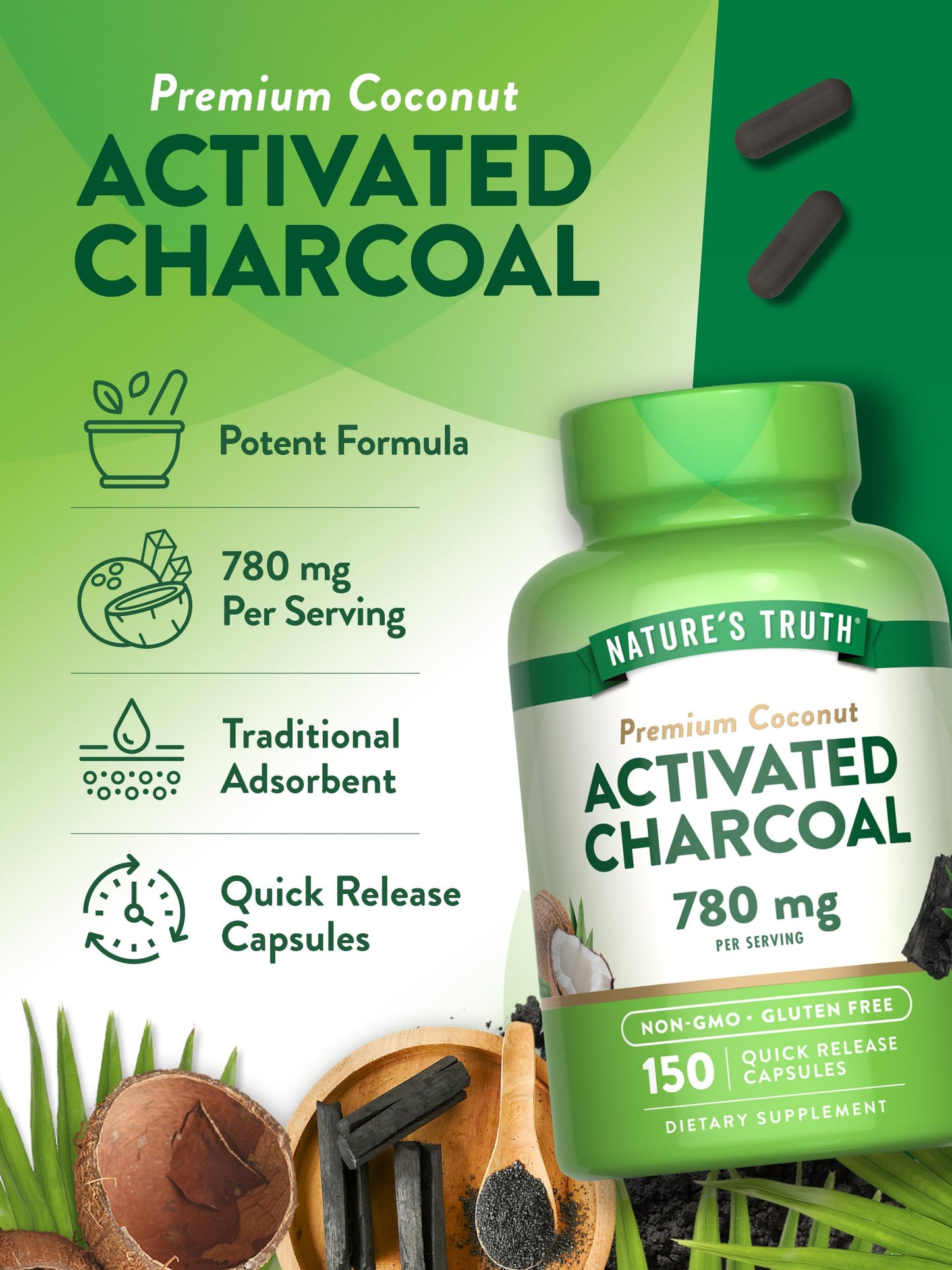 Nature's Truth Activated Charcoal Capsules 780 mg – 150 CT – Coconut Shells – Non-GMO and Gluten Free