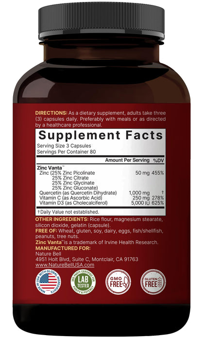 NatureBell Zinc Quercetin + Vitamin C & D3, 240 Caps | 4-in-1 Immune & Lung Support