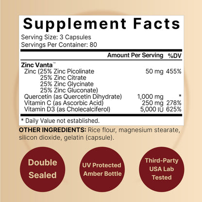 NatureBell Zinc Quercetin + Vitamin C & D3, 240 Caps | 4-in-1 Immune & Lung Support