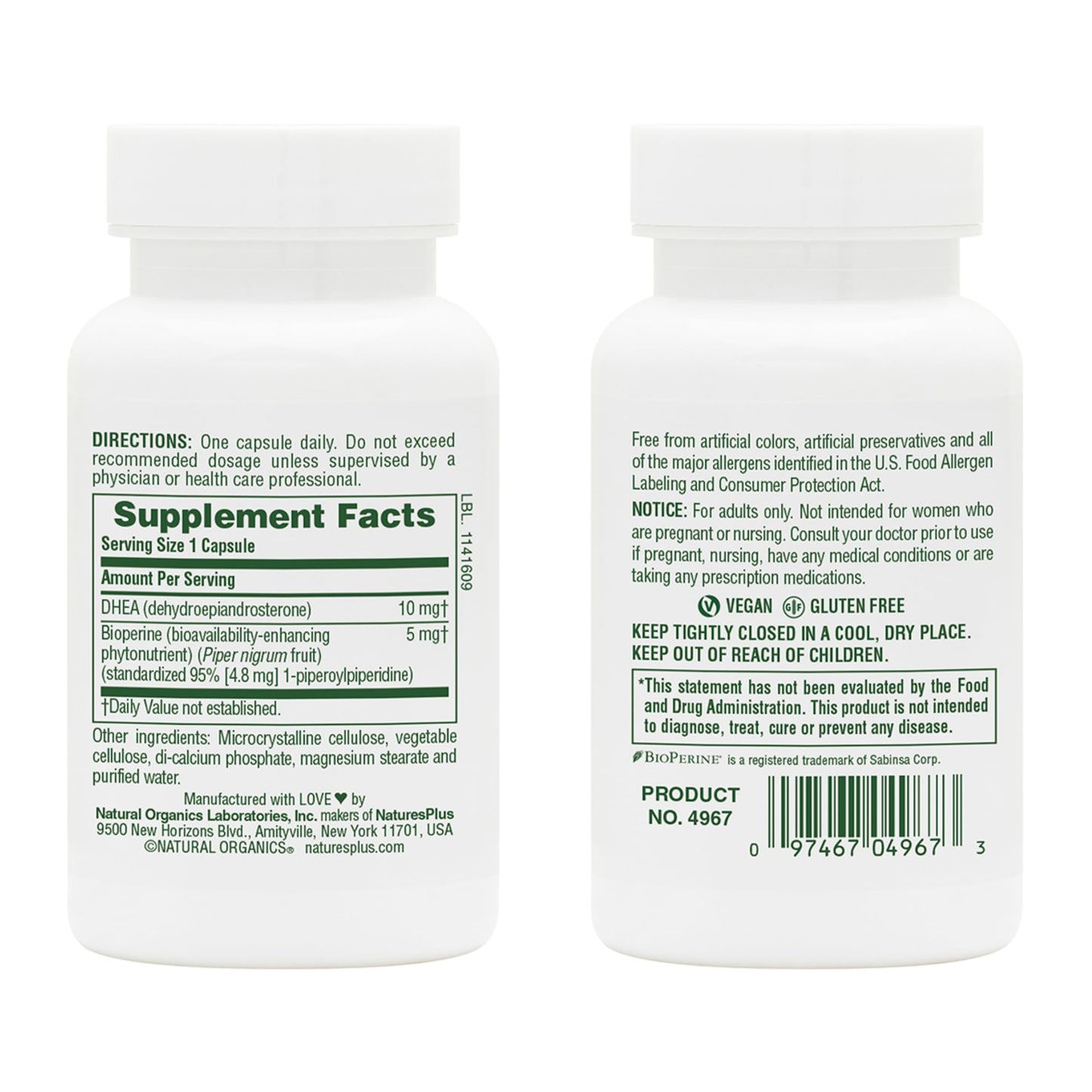 Natures Plus DHEA-10 with Bioperine - 10 mg, 90 Vegetarian Capsules (Gluten-Free)