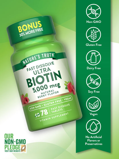 Nature's Truth Biotin 5000mcg - 78 Fast-Dissolve Tablets, Berry Flavor, Vegan & Gluten Free