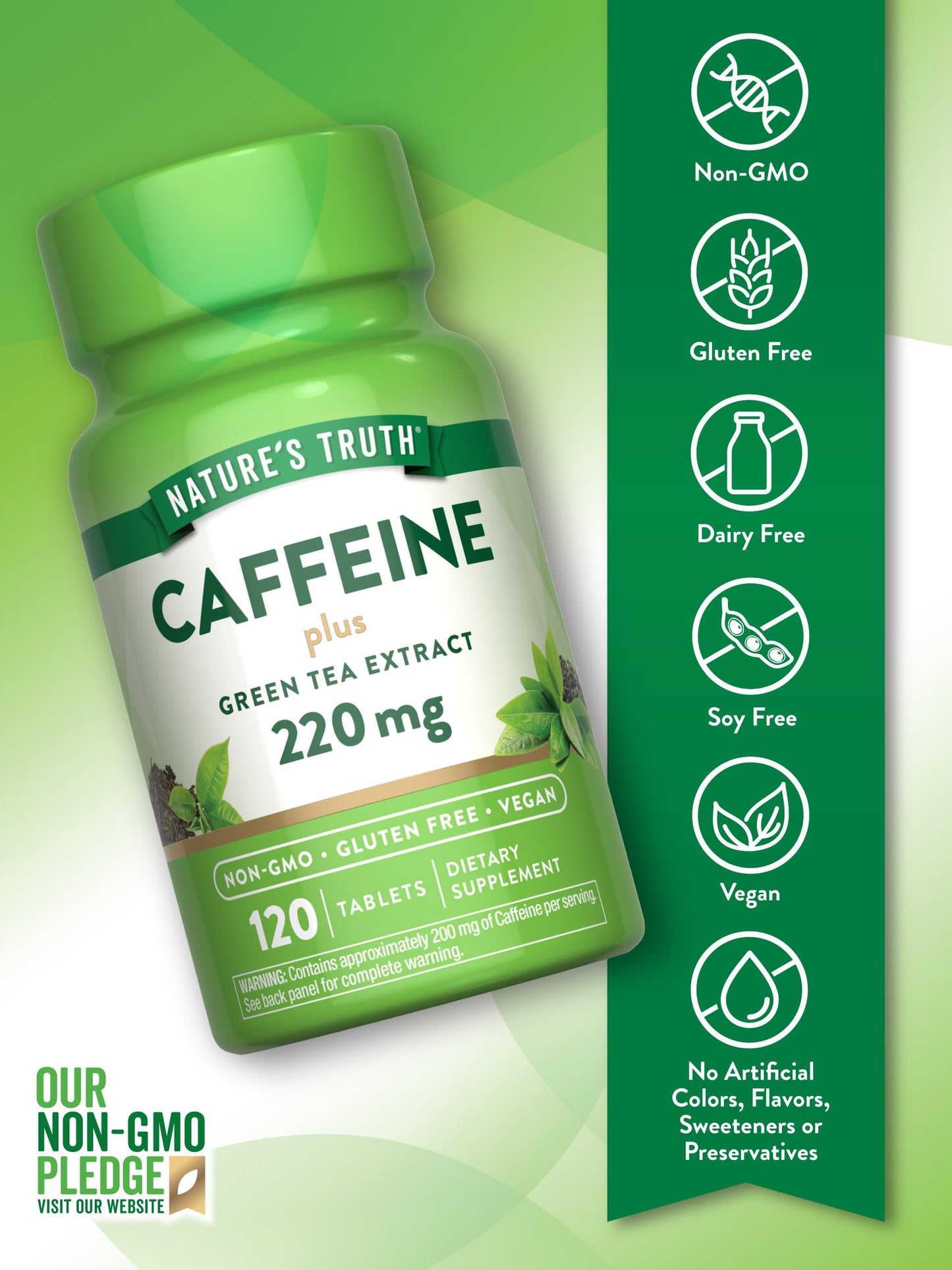 Nature's Truth Caffeine Pills 220mg | 120 Count | Green Tea Extract | Vegan, Non-GMO, Gluten Free