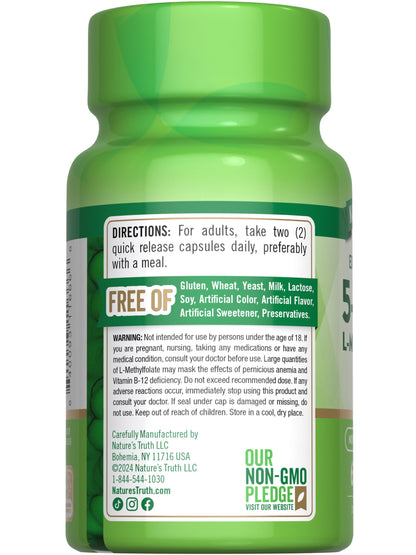 Nature's Truth L-Methylfolate 15mg – 60 Capsules – Extra Strength Pack of 2 | Non-GMO & Gluten Free