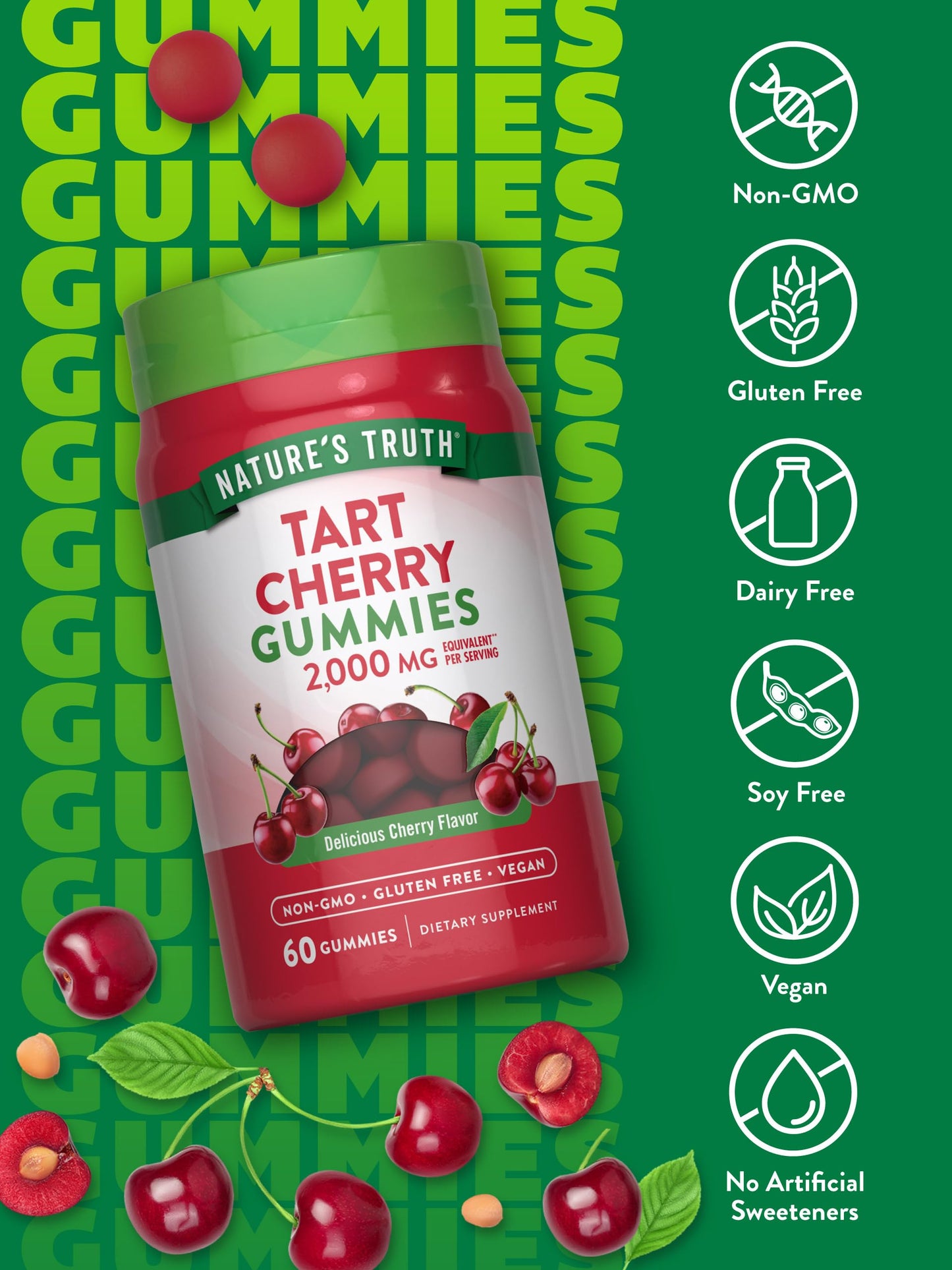Nature's Truth Tart Cherry Gummies – 2000mg per Serving, 60 Count | Vegan, Non-GMO, Gluten Free