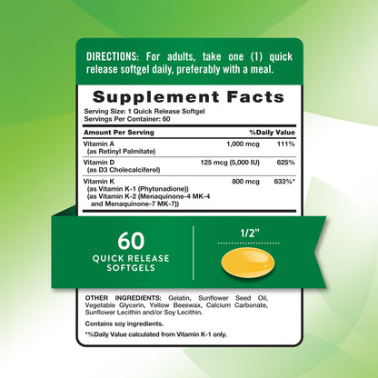 Nature's Truth Vitamin ADK | 60 Softgels - High Potency A, D3, K (Pack of 2) | Non-GMO & Gluten Free