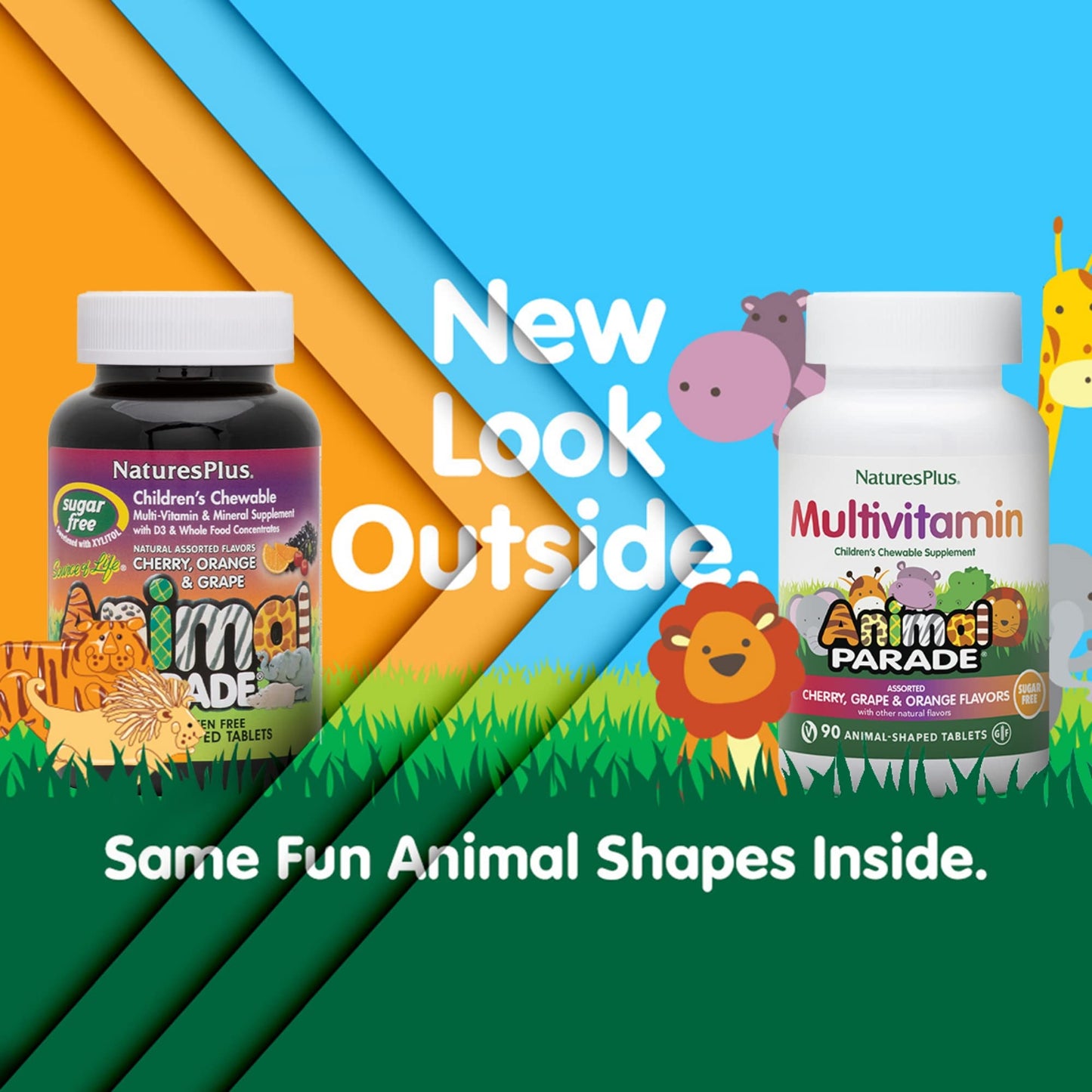 NaturesPlus Animal Parade Sugar-Free Kids Multivitamin - 2 Pack (90 Chewables) Cherry, Grape & Orange