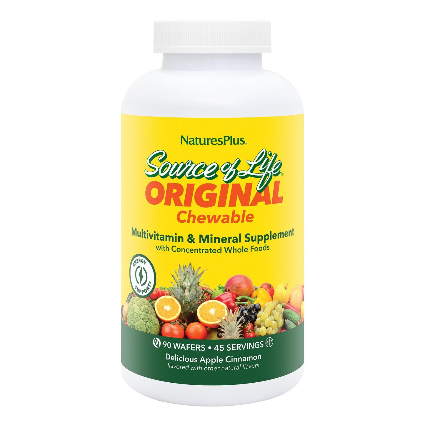 NaturesPlus Source of Life Adult Chewable Multivitamin – Apple Cinnamon Flavor (90 Wafers, 45 Servings)