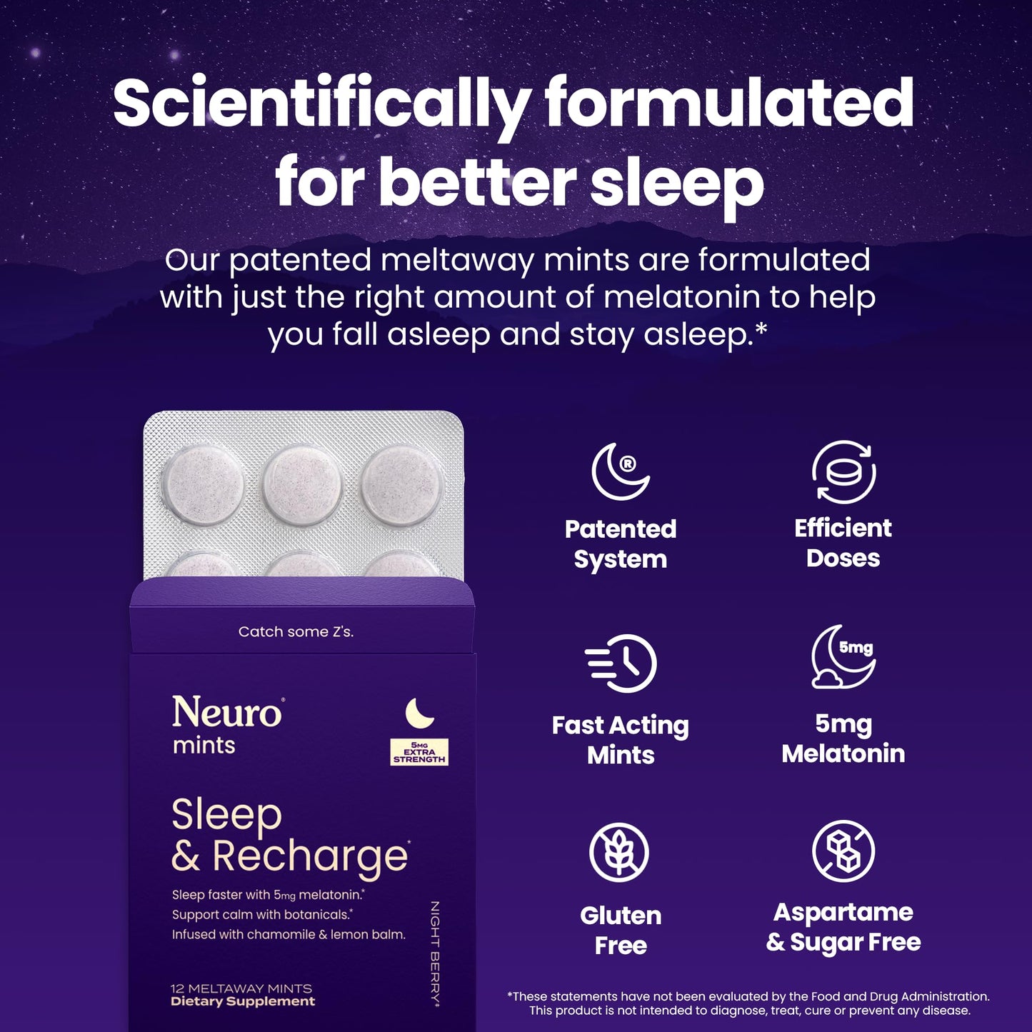 Neuro Sleep & Recharge Meltaway Mints – Melatonin 5mg, Chamomile & Elderberry | Night Berry 72 ct