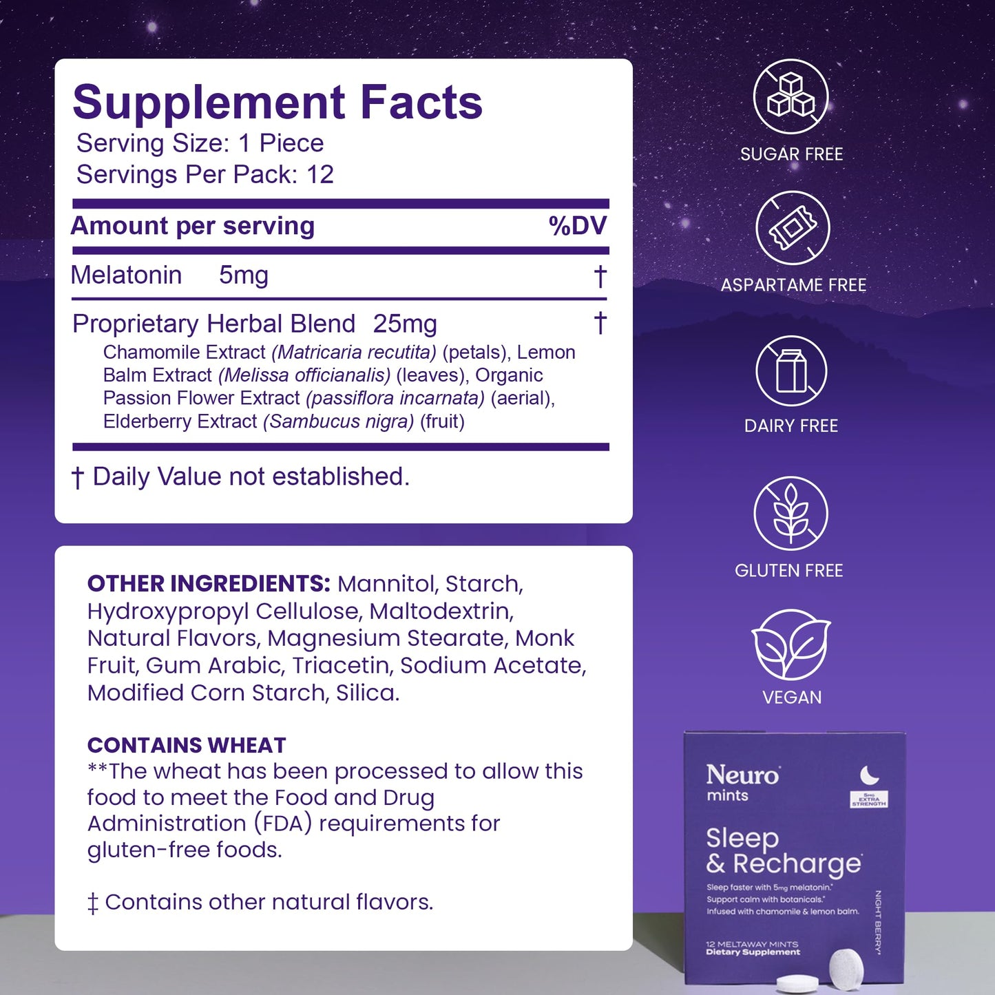 Neuro Sleep & Recharge Meltaway Mints – Melatonin 5mg, Chamomile & Elderberry | Night Berry 72 ct