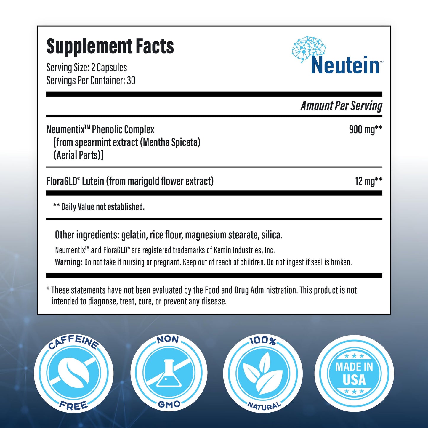 Neutein Natural Brain Booster for Memory, Focus & Brain Health | Plant-Based, Made in USA (60 capsules/30 Servings)