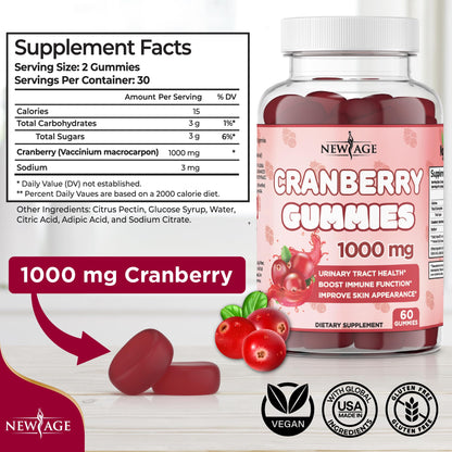 NEW AGE Cranberry Gummies Urinary Tract Health - 1000mg - Vegetarian, 60 Gummies
