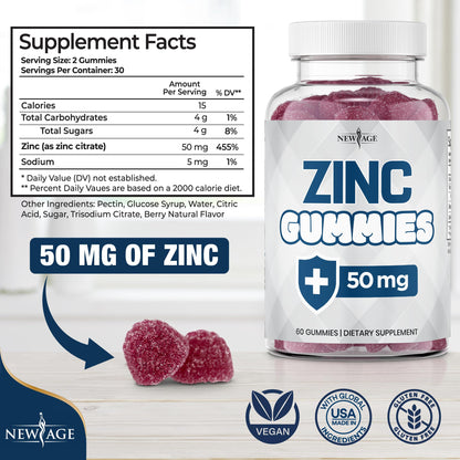 NEW AGE Zinc Gummies 2 Pack - 50mg Zinc Immune Support, Non-GMO | 120 Count