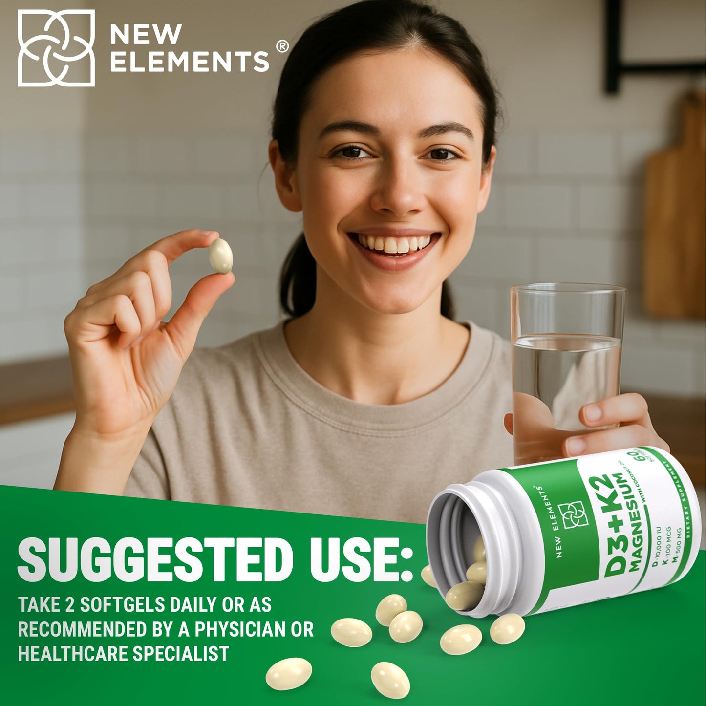 New Elements Vitamin D3 K2 10,000 IU with Magnesium Glycinate 500mg - Bone Health, Immune Support, Energy & Mood - Non-GMO, Gluten-Free, Sugar-Free Softgels for Women & Men (60 softgels)