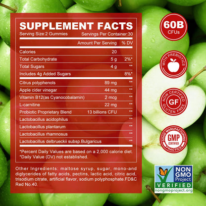 NEWELLME Sugar-Free Apple Cider Vinegar Gummies with B12 – Non-GMO ACV Supplement, 120 Gummies