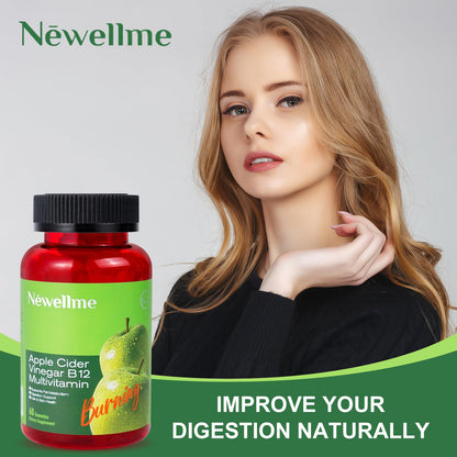 NEWELLME Sugar-Free Apple Cider Vinegar Gummies with B12 – Non-GMO ACV Supplement, 120 Gummies