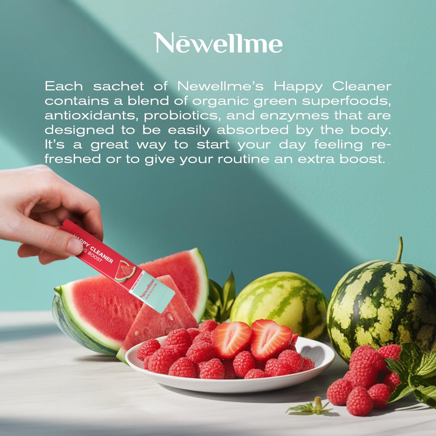 NEWELLME Happy Cleaner Super Greens Powder – Berry Drink Mix, Sugar-Free, 14 Packets, Chlorella & Spirulina