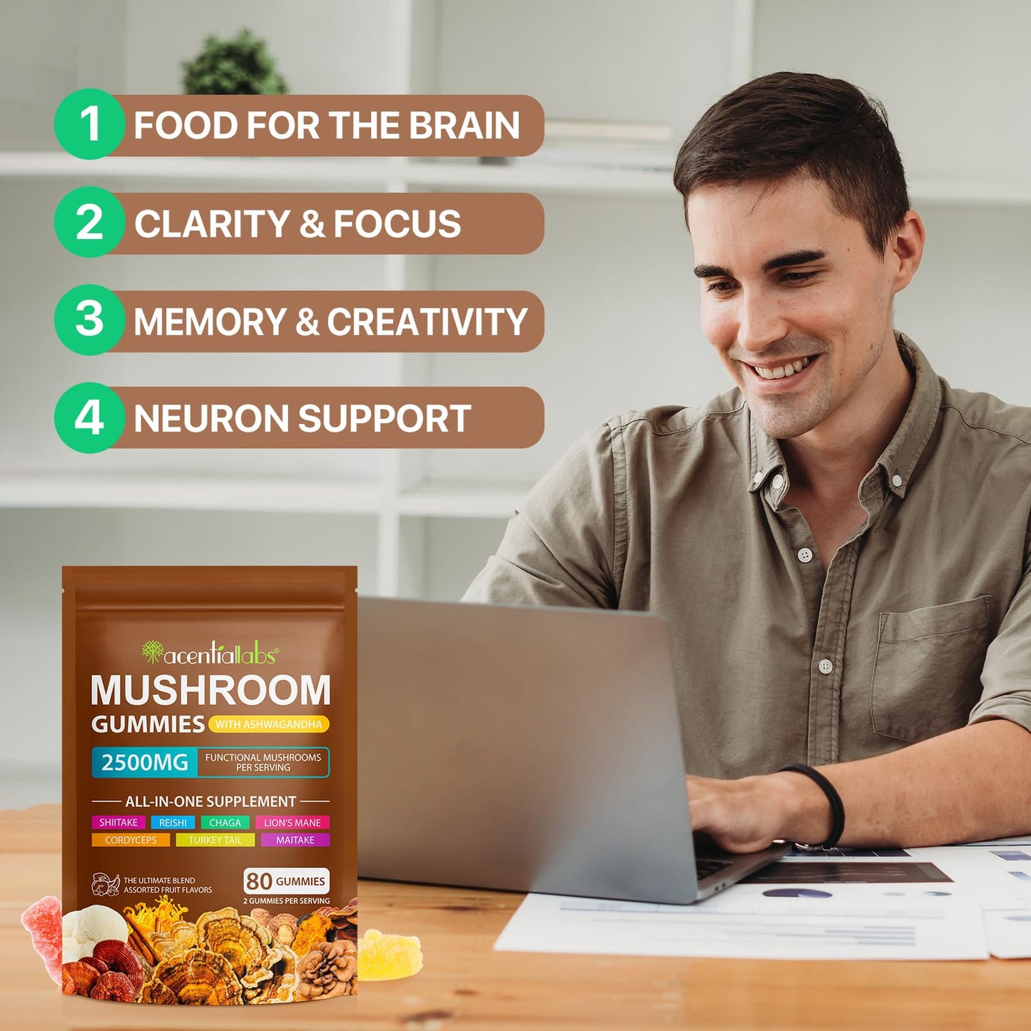 Newseel Lions Mane Mushroom Gummies – Reishi & Cordyceps, Energy & Immunity (80 Gummies)
