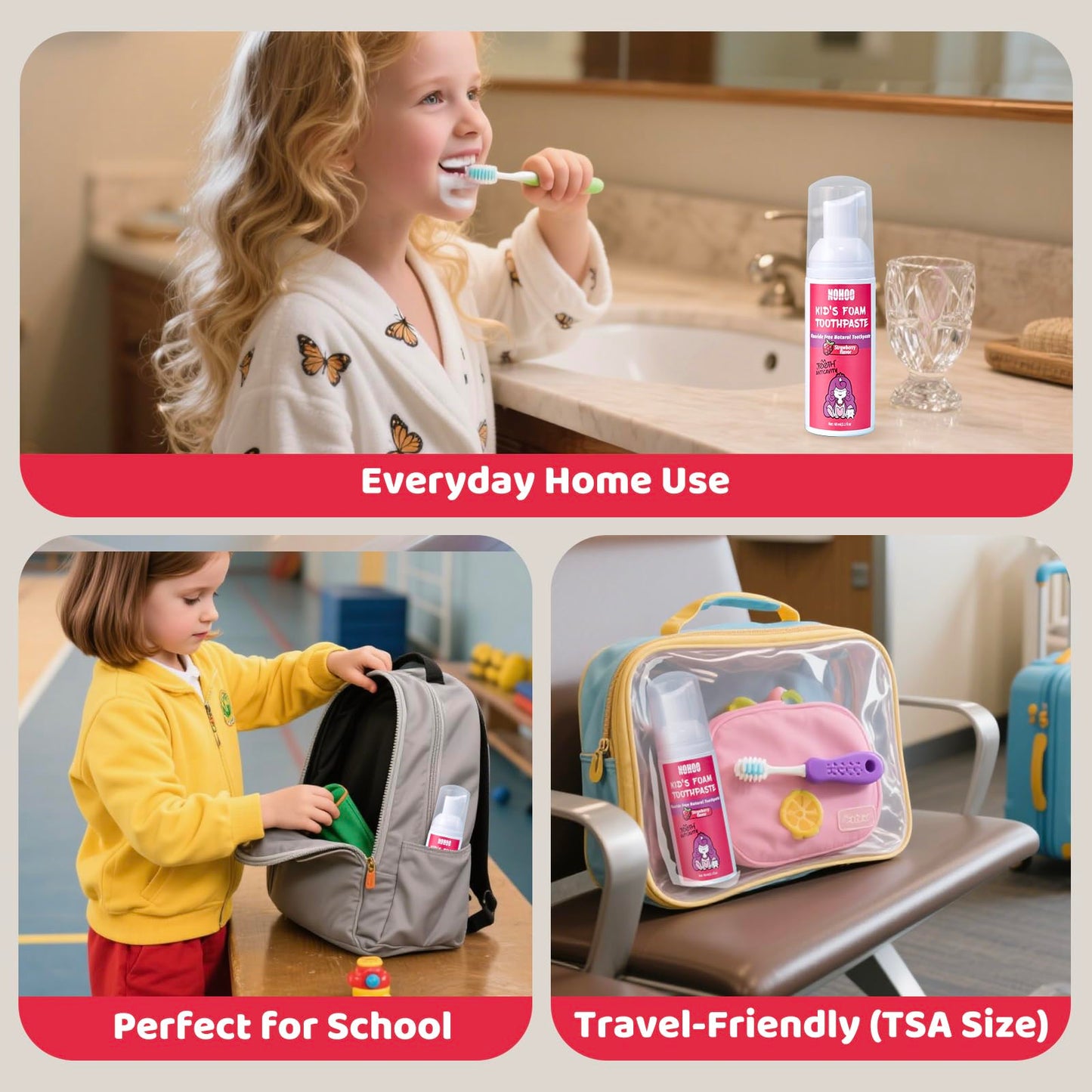 NOHOO Fluoride-Free Foam Toothpaste for Kids – 2 Strawberry + 2 Watermelon (60ml)