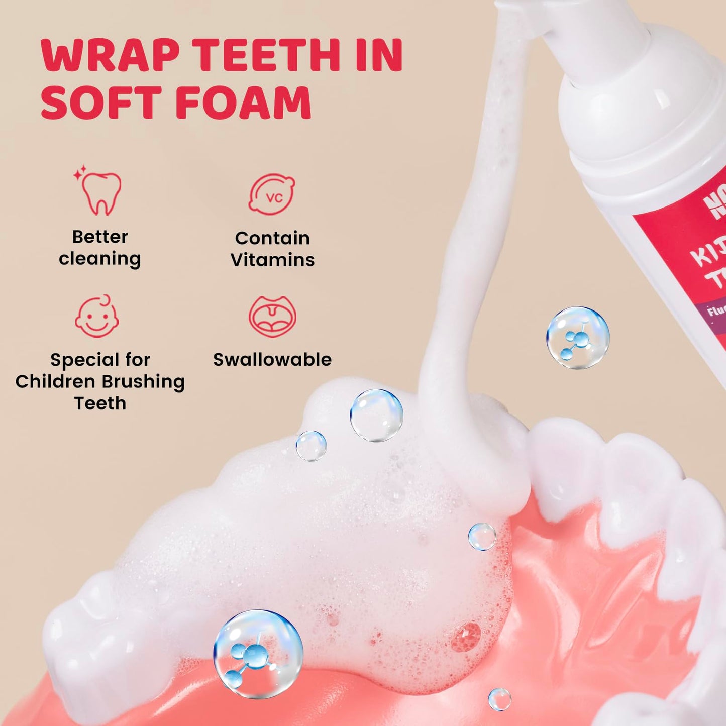 NOHOO Fluoride-Free Foam Toothpaste for Kids – 2 Strawberry + 2 Watermelon (60ml)