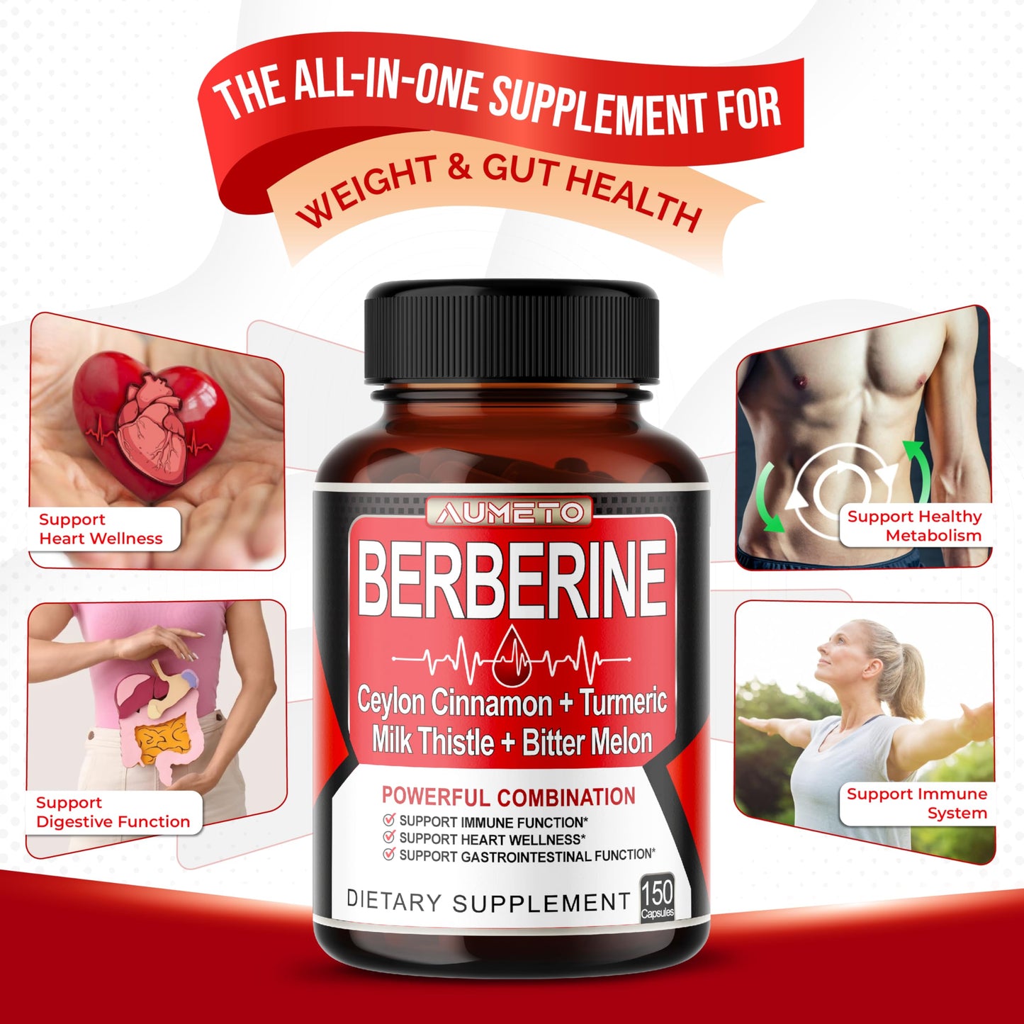 8 in 1 Berberine Supplement - Aumeto | Supports Digestion & Immunity (150-Day Supply)