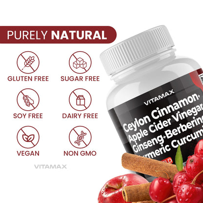 Gluco Health Support: Ceylon Cinnamon + Apple Cider Vinegar + Turmeric (60ct) – USA Made, Non-GMO