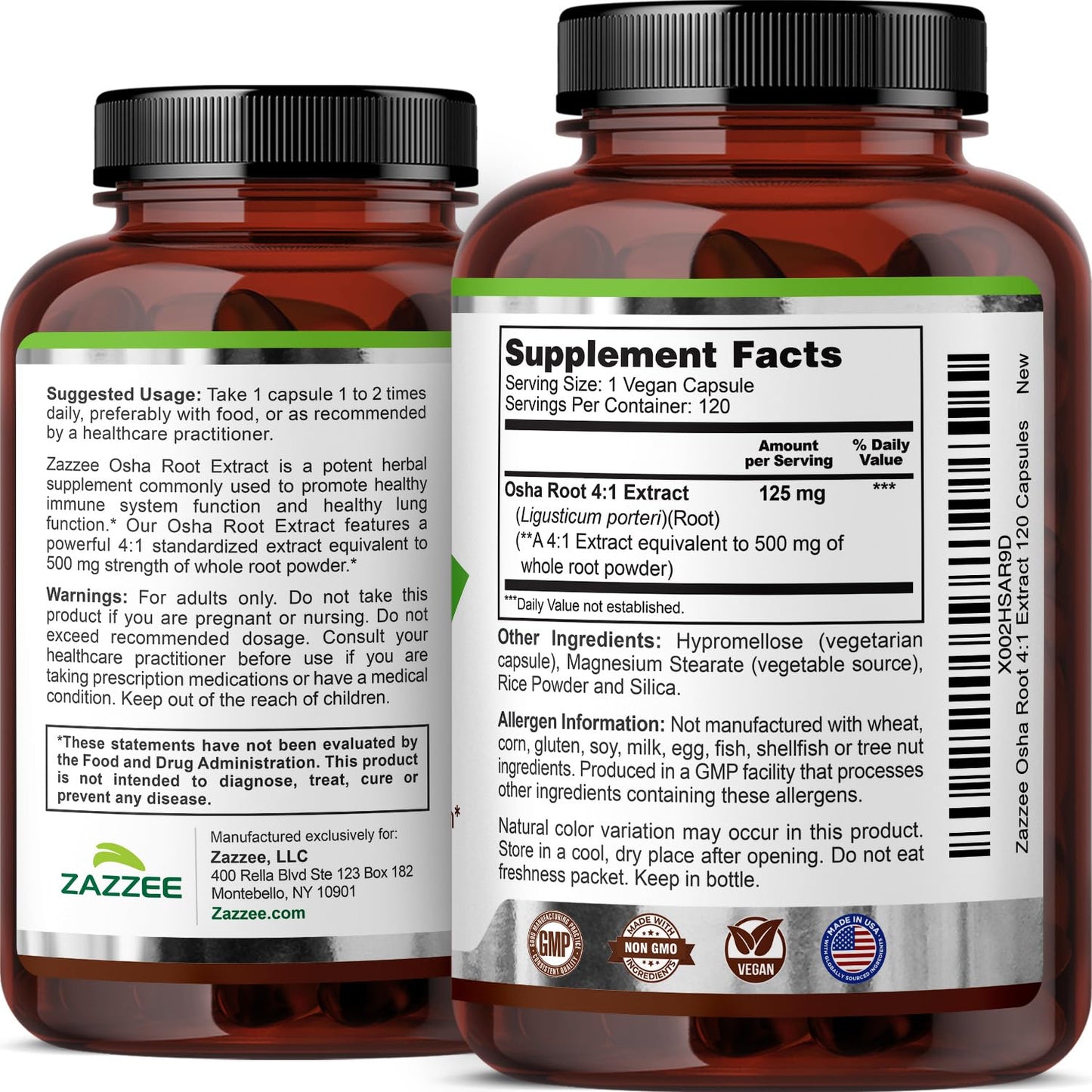 Zazzee OSHA Root 4:1 Extract - 500 mg, 120 Vegan Capsules, 4-Month Supply