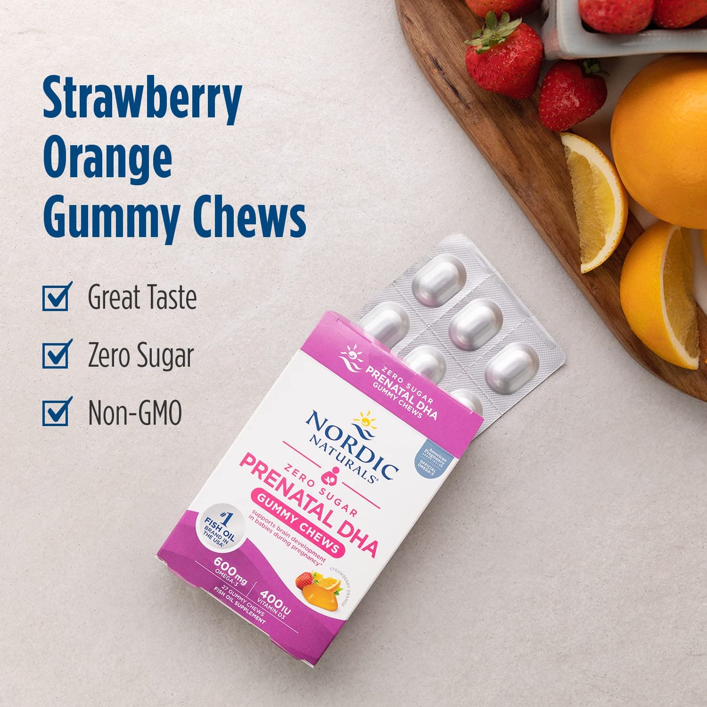Nordic Naturals Zero Sugar DHA Prenatal Gummies – Strawberry Orange, 27 Gummies | 600 mg Omega-3, 400 IU D3