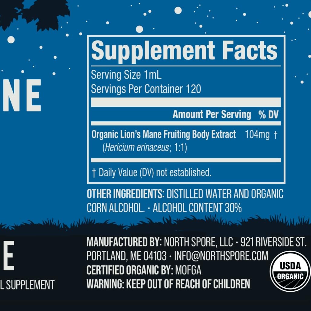 North Spore Organic Lion's Mane Mushroom Tincture (4 oz) | 100% Fruiting Body Extracts | for Focus, Memory, Brain Support | Certified Organic, Vegan, Non-GMO | Adaptogenic, Nootropic | Made in USA