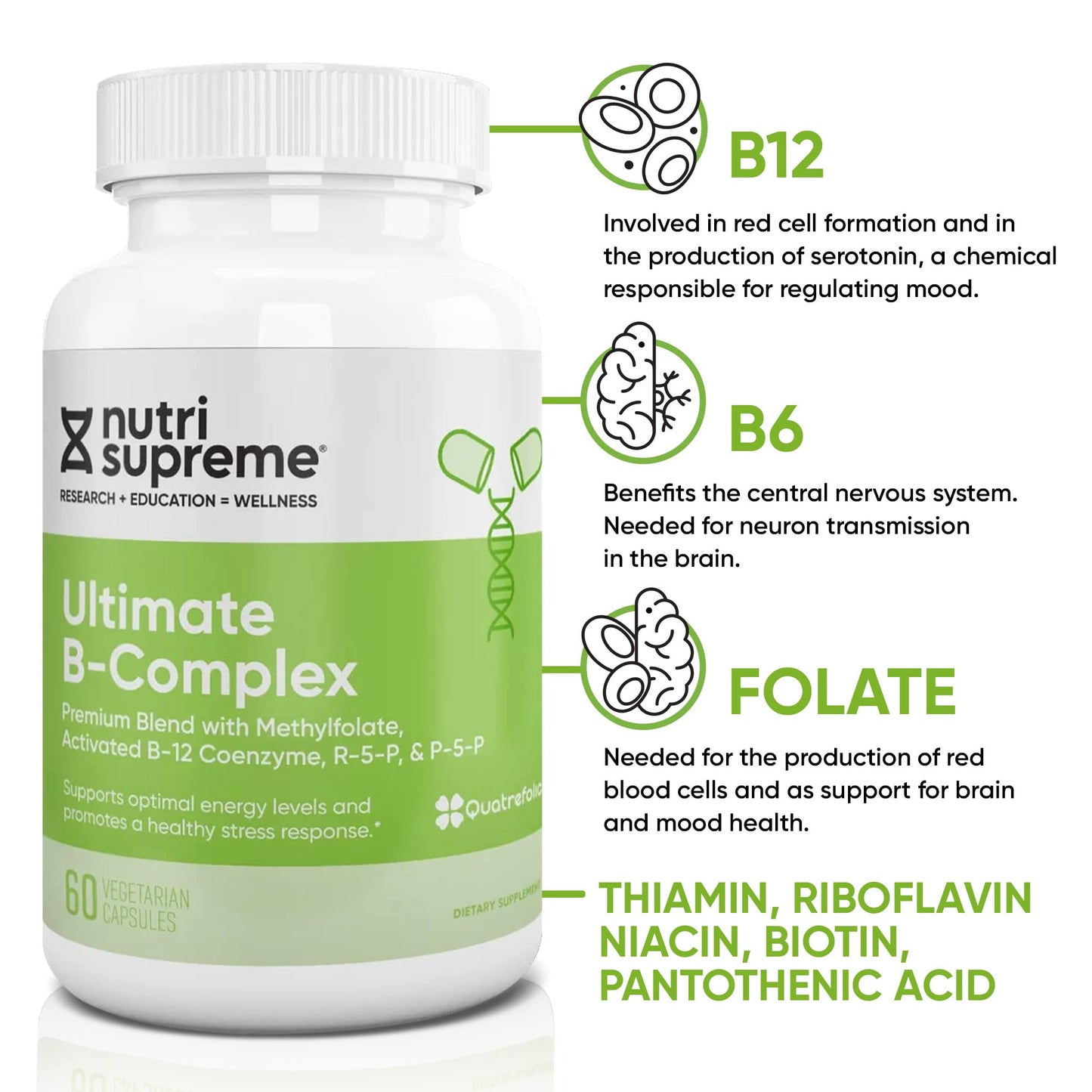 Nutri Supreme Ultimate B Complex with Methylfolate – Highly Absorbable B Vitamins | 60 Capsules