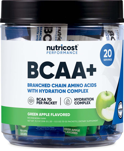 Nutricost BCAA+ Hydration Green Apple - 20 Stickpacks | Gluten-Free, Non-GMO