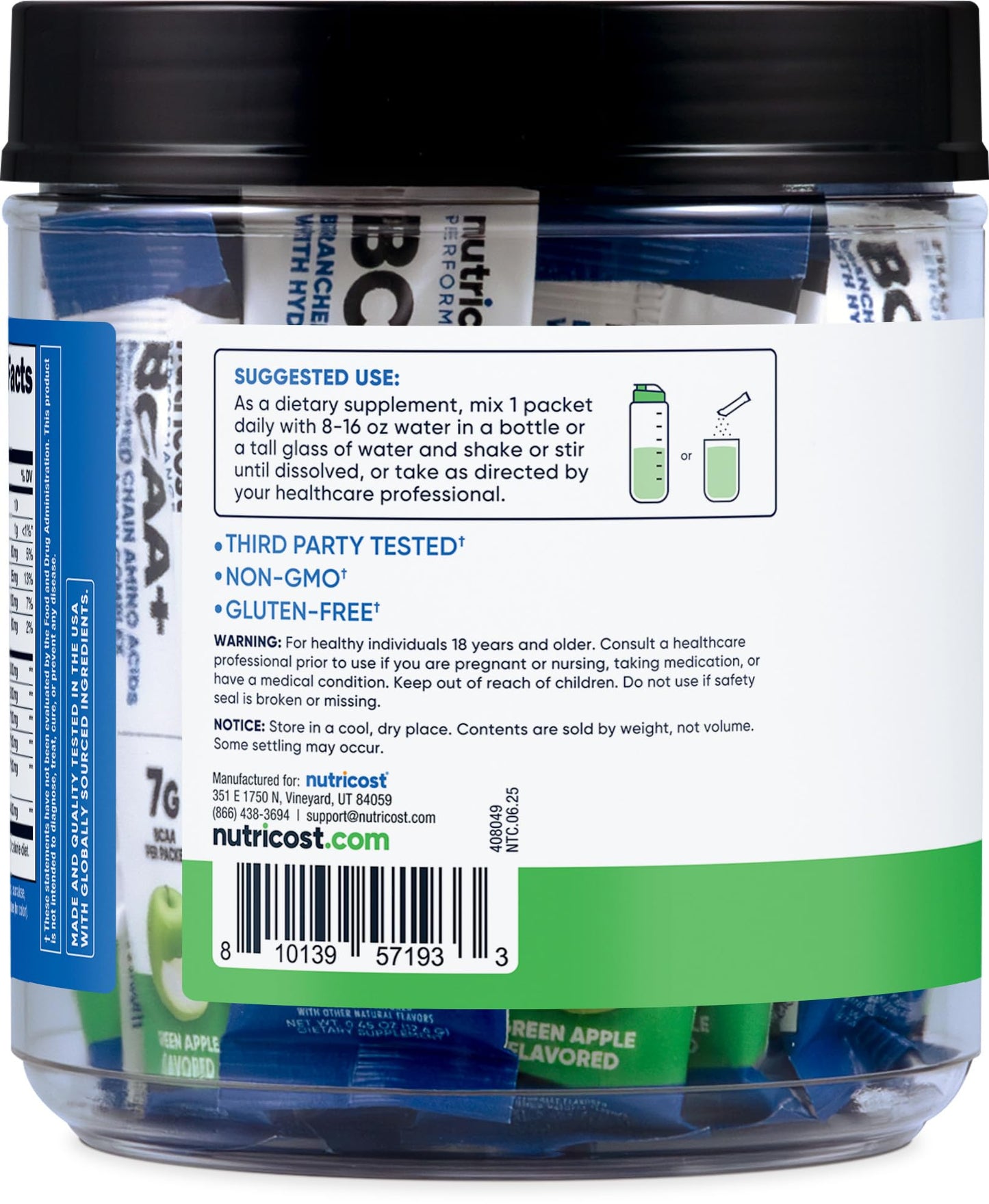 Nutricost BCAA+ Hydration Green Apple - 20 Stickpacks | Gluten-Free, Non-GMO